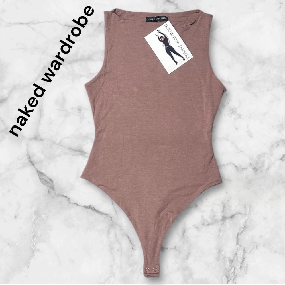 NWT Naked Wardrobe Brown Mock Neck Cinching Smoothing Viscose Bodysuit M